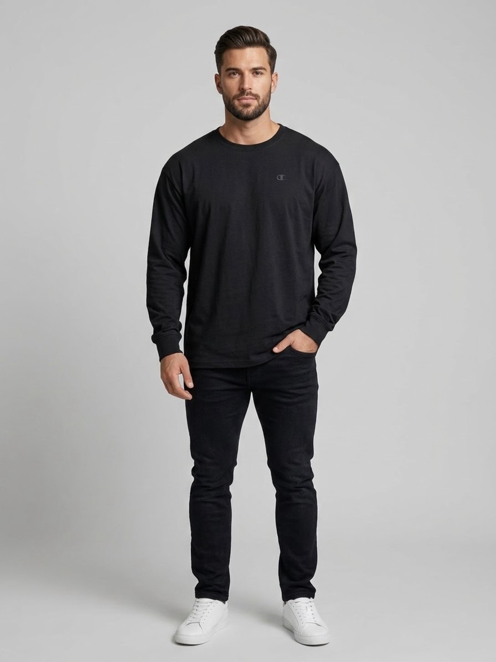 Men's Champion Classic Black Long-Sleeve Crewneck T-Shirt